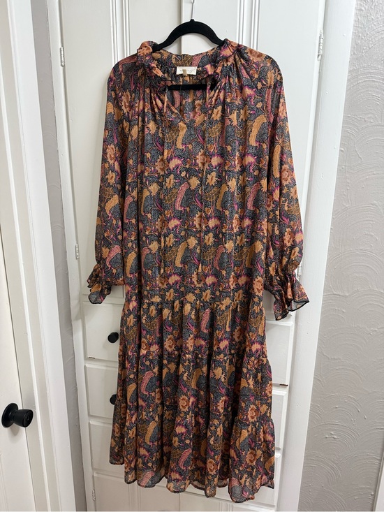 MELLODAY Dresses & Skirts - MELLODAY Paisley Floral Long Sleeve Tiered Midi Dress in Mustard, Pink & Navy